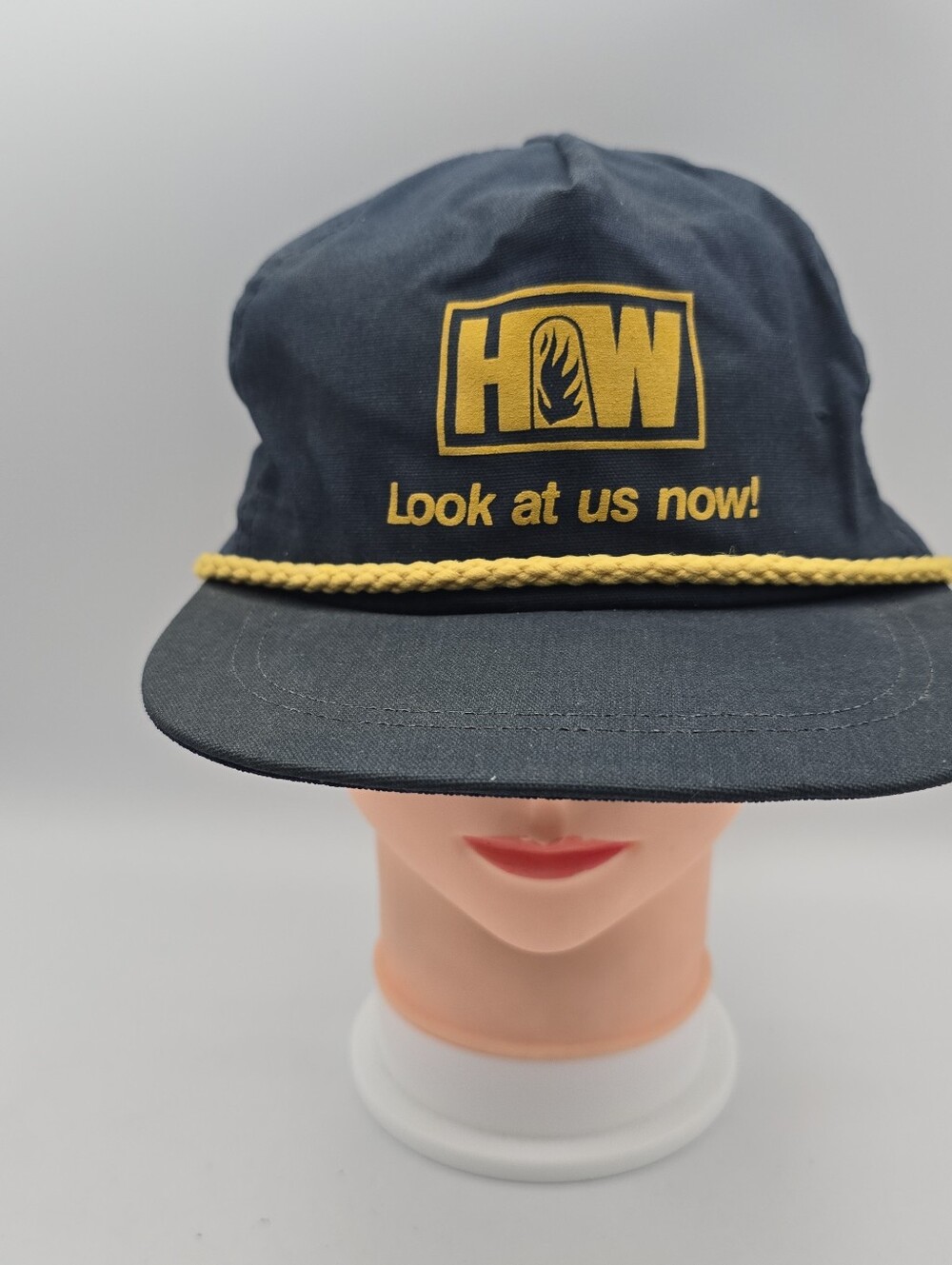 Vintage Unbranded HW Look At Us Now! Navy Blue Adjustable Leather Strapback Hat
